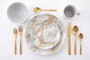 20-Piece Grey Marble Porcelain Dinnerware Set with Gold Veining & Gold Flatware | Ensemble de Vaisselle Complet 20 Pieces en Porcelaine Effet Marbre Gris et Or