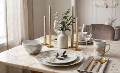 20-Piece Grey Marble Porcelain Dinnerware Set with Gold Veining & Gold Flatware | Ensemble de Vaisselle Complet 20 Pieces en Porcelaine Effet Marbre Gris et Or