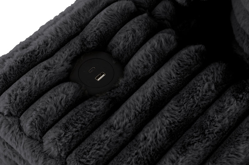 Alto 2-Piece Ultra Plush Faux Fur Fabric Sectional with Dual Cupholders, USB Ports and 4 Accent Pillows - Ebony