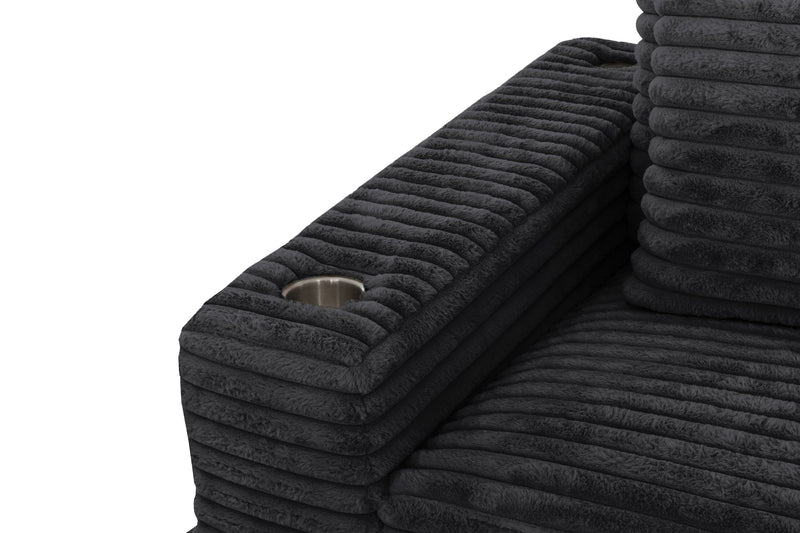 Alto 2-Piece Ultra Plush Faux Fur Fabric Sectional with Dual Cupholders, USB Ports and 4 Accent Pillows - Ebony