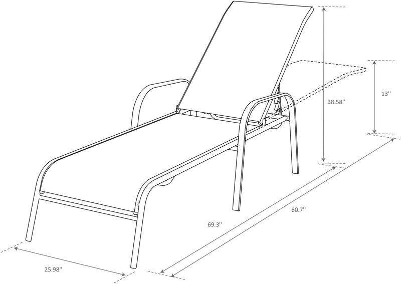Tuscany Outdoor Patio Lounger with Adjustable Backrest - Metal, UV & Weather Resistant - Grey/Black