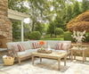 Juno Outdoor Patio Corner Chair - Eucalyptus Wood & Nuvella Fabric, Weather Resistant - Natural/Beige | Fauteuil en coin Juno pour la terrasse à l’extérieur - eucalyptus et tissu Nuvella, résistant aux intempéries - naturel et beige