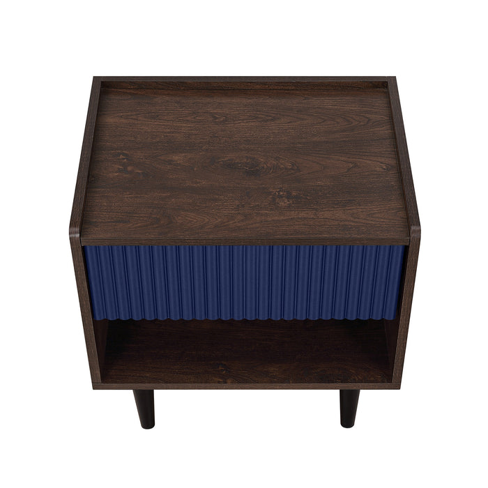Manhattan Comfort Duane Modern Ribbed Nightstand with Full Extension Drawer - Dark Brown & Navy Blue