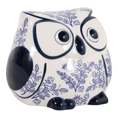 5” Ceramic Leaf Print Chinoiserie Owl – Blue  | Hibou de 5 po en céramique de style chinoiserie à motif de feuille - bleu