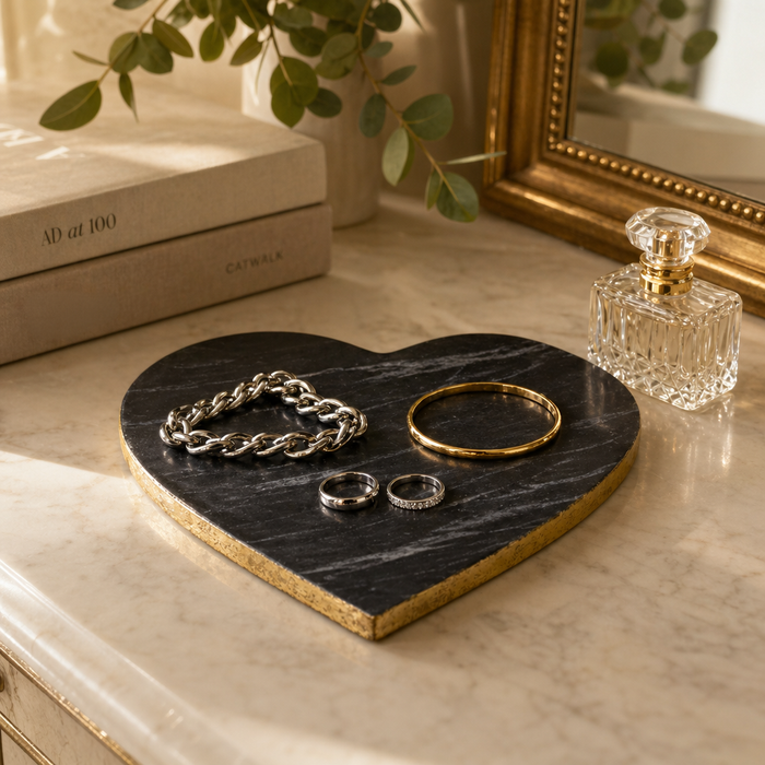Marble Heart Tray with Gold Edges – Black