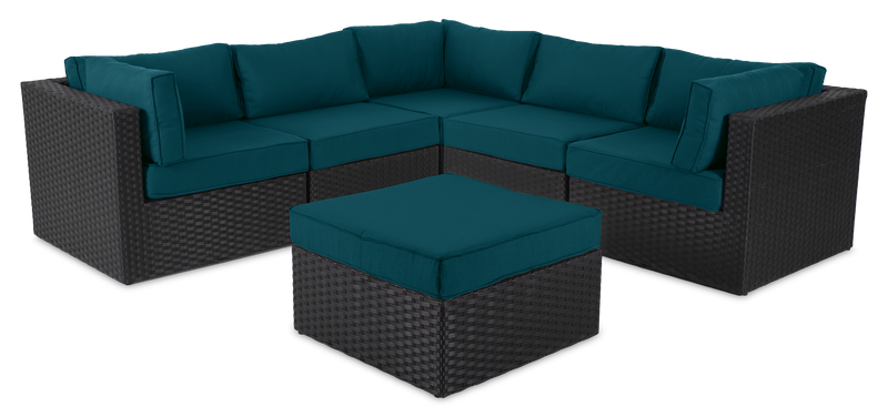 Barbados 6-Piece Outdoor Patio Set with 3 Corner Chairs, 2 Armless Chairs & Ottoman - Hand-Woven Resin Wicker, UV & Weather Resistant - Black/Blue