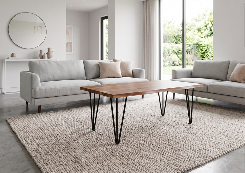 Dillon 45” Industrial Coffee Table with Iron Hairpin Legs – Natural Acacia