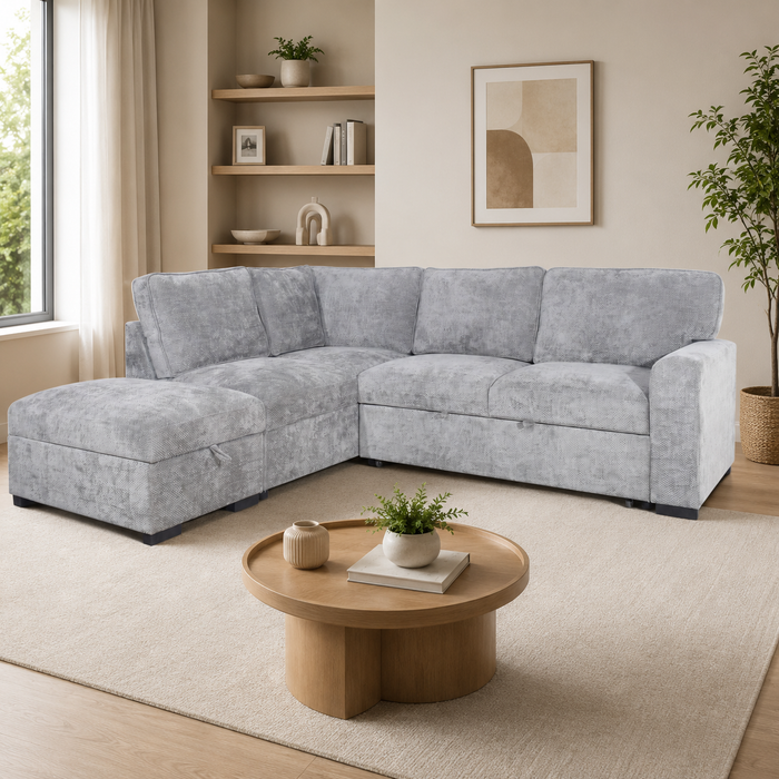 Emerie 3-Piece Left-Facing Chenille Sleeper Sectional with Storage Ottoman – Grey