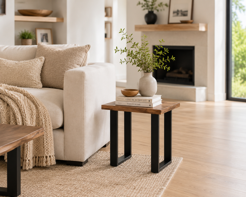 Fletcher 24” Contemporary End Table with Sheesham Wood Top and Iron Frame - Brownstone