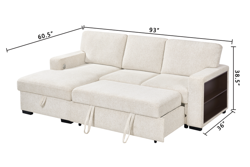 Pocket 2-piece Left-facing Linen-Look Fabric Sleeper Sectional with Storage - Beige