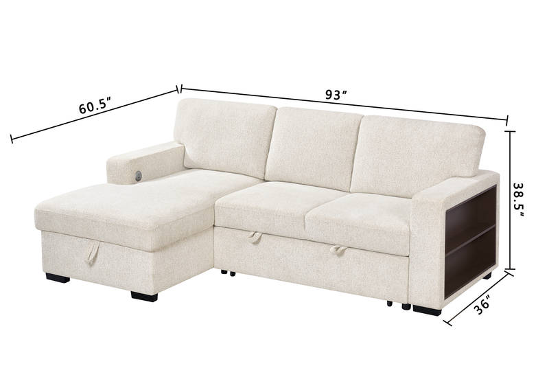 Pocket 2-piece Left-facing Linen-Look Fabric Sleeper Sectional with Storage - Beige