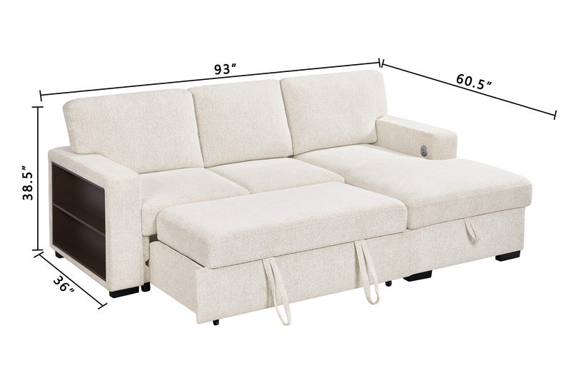 Pocket 2-piece Right-facing Linen-Look Fabric Sleeper Sectional with Storage - Beige
