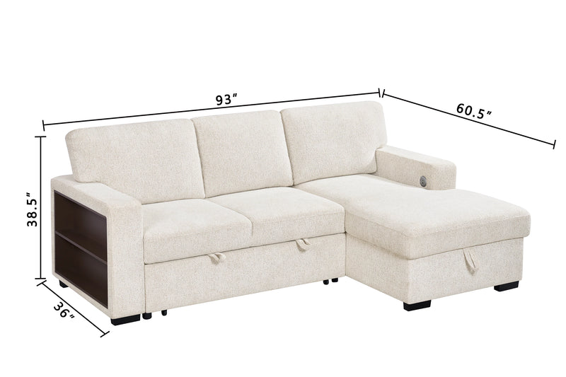 Pocket 2-piece Right-facing Linen-Look Fabric Sleeper Sectional with Storage - Beige