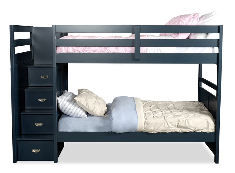 Quinn Bunk Bed with Built-in Staircase Dresser & Guard Rail for Kids, Blue - Twin/Twin