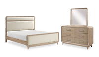 Sasha 5pc Bedroom Set with Fabric Bed, Dresser & Mirror, Natural Oak Brown - King Size 
