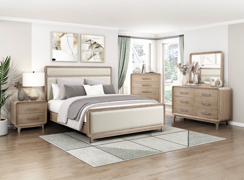 Sasha Panel Bed with Fabric Headboard & Footboard, Natural Oak Brown - Queen Size