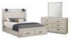 Soren 5pc Bedroom Set with Slat Storage Bed, Dresser & Mirror, LED, Bleached Oak - Queen  | Ensemble de chambre à coucher Soren 5 pièces avec lit de rangement à lattes, commode, miroir et éclairage à DEL, chêne blanchi - grand lit