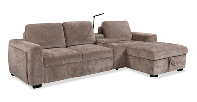 Sunset Linen-Look Fabric Right-Facing Sleeper Sectional with Storage and Built-In LED Lighting – Taupe | Sofa-lit sectionnel de droite Sunset en tissu d’apparence lin avec ports USB - taupe