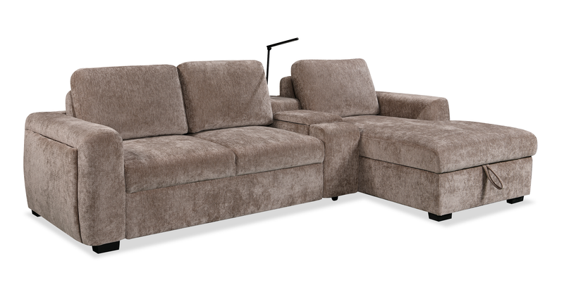Sunset Linen-Look Fabric Right-Facing Sleeper Sectional with Storage and Built-In LED Lighting – Taupe