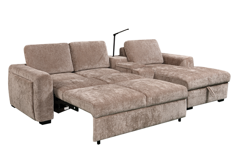 Sunset Linen-Look Fabric Right-Facing Sleeper Sectional with Storage and Built-In LED Lighting – Taupe