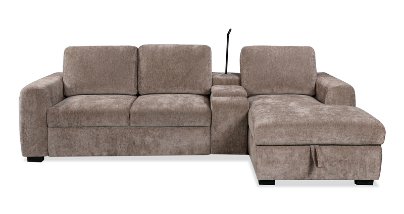 Sunset Linen-Look Fabric Right-Facing Sleeper Sectional with Storage and Built-In LED Lighting – Taupe