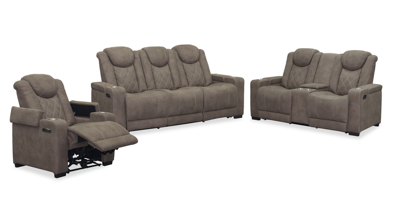 Venture 83.5” Faux Suede Power Reclining Sofa with Power Headrests, Cupholders, and USB Port - Chocolate