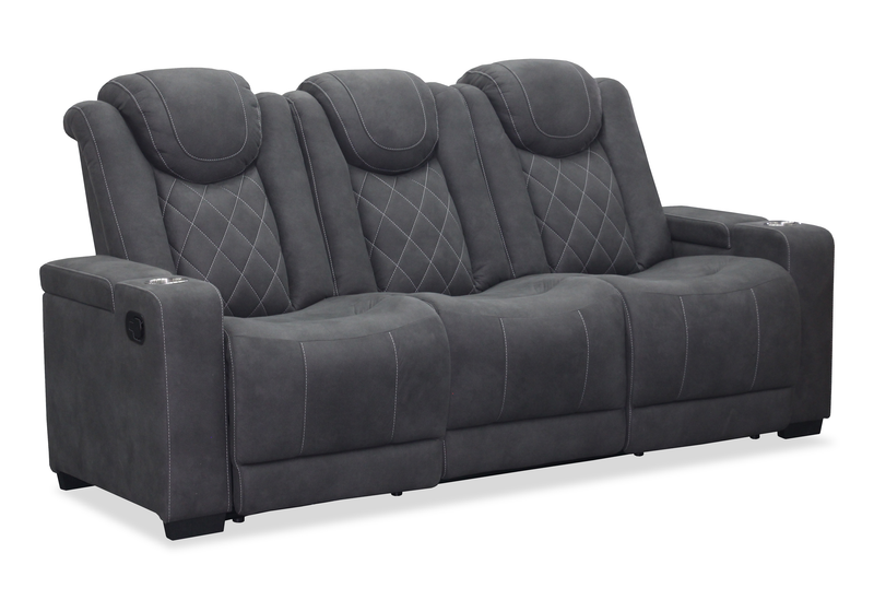 Venture 83.5” Faux Suede Reclining Sofa with Storage, Cupholders, and USB Port - Grey