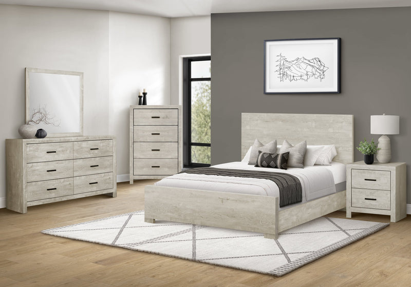 Soren 5pc Bedroom Set with Panel Bed, Dresser & Mirror, Bleached Oak - Queen Size