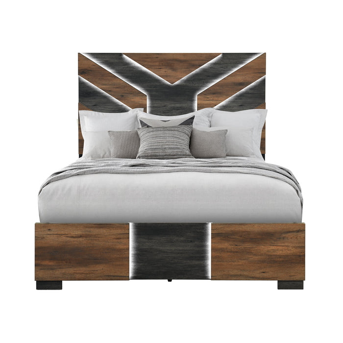 Titanium Panel Bed with Headboard & Frame, LED, Modern, Brown - Queen Size