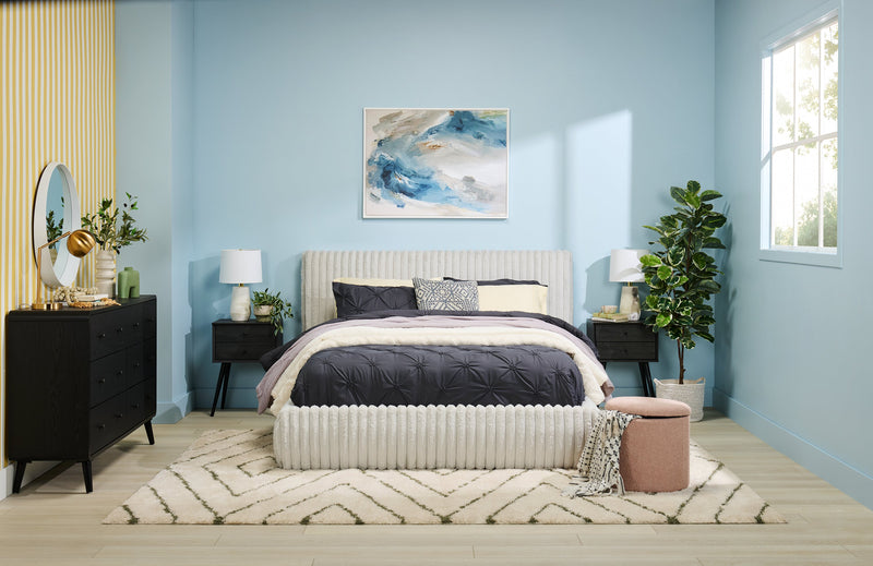 Aria Upholstered Platform Bed in Grey Fabric, Tufted - Queen Size