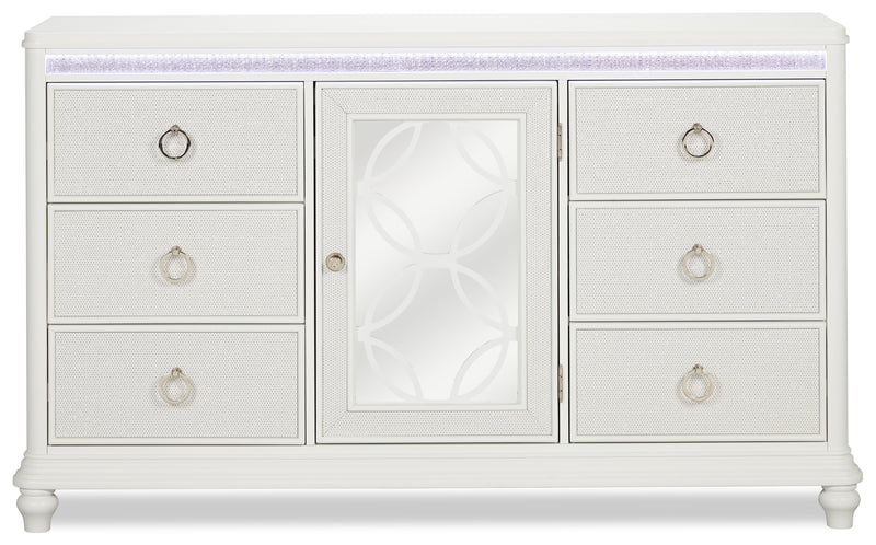 Ava Bedroom 7-Drawer Dresser with LED Light, 67\"W x 39\"H, Glam - White