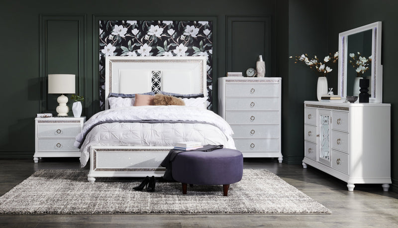 Ava Panel Bed with Headboard & Frame, LED, Glam, White - Queen Size