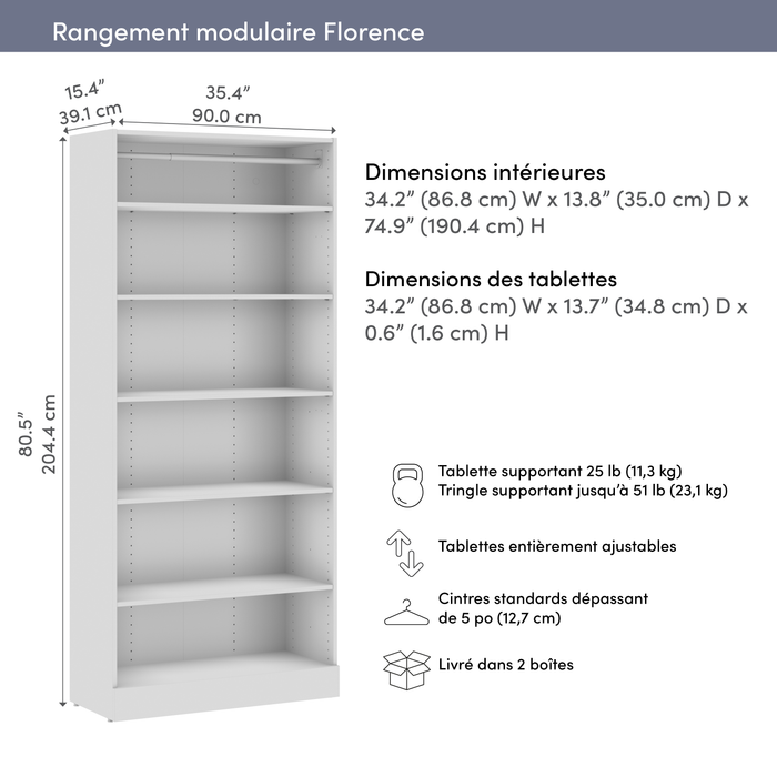 Bestar Florence 35\" Modular Reach-In/Walk-In Closet System with Shelves - White