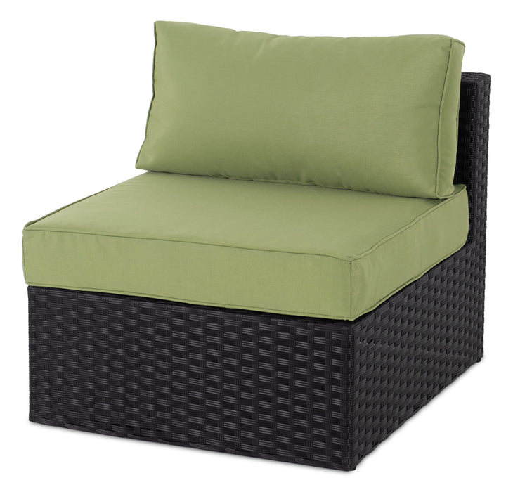 Barbados 6-Piece Outdoor Patio Set with 3 Corner Chairs, 2 Armless Chairs & Ottoman - Hand-Woven Resin Wicker, UV & Weather Resistant - Black/Green