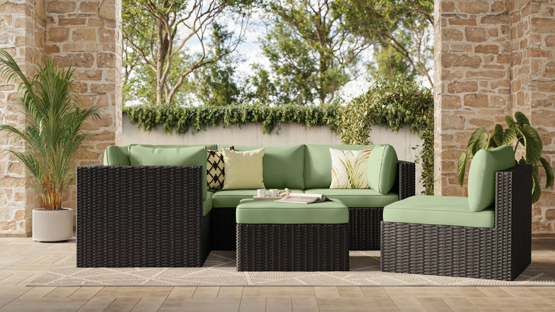 Barbados 6-Piece Outdoor Patio Set with 3 Corner Chairs, 2 Armless Chairs & Ottoman - Hand-Woven Resin Wicker, UV & Weather Resistant - Black/Green