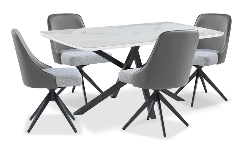 Bari 5pc Dining Set with Table & 4 Grey Swivel Chairs, Marble-Look Ceramic Top, Metal, 63\"W