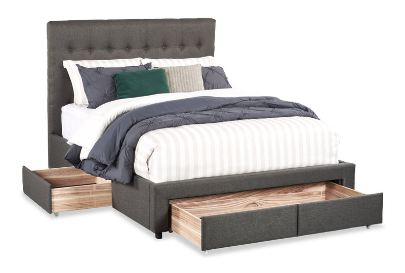 Beck Upholstered Storage Bed in Dark Grey Fabric, Button Tufted - Queen Size