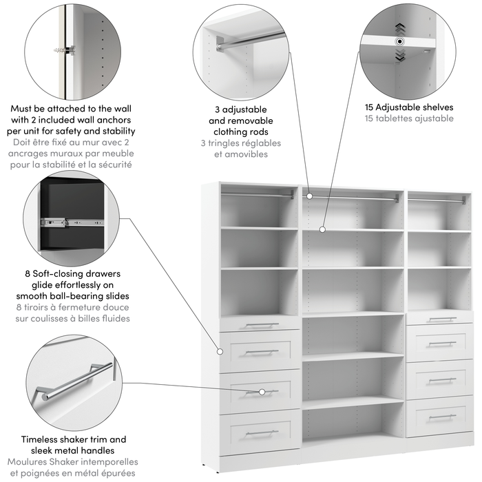 Bestar Florence 85\" Modular Reach-In/Walk-In Closet System with Shelves and Drawers Shaker Style - White