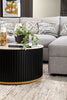 Kort & Co. Capri 32” Modern Round Coffee Table with White Sintered Stone Top and Casters - Black and Gold | Table à café ronde moderne Capri de Kort & Co. de 32 po avec dessus en pierre frittée blanche et roulettes - noire et dorée