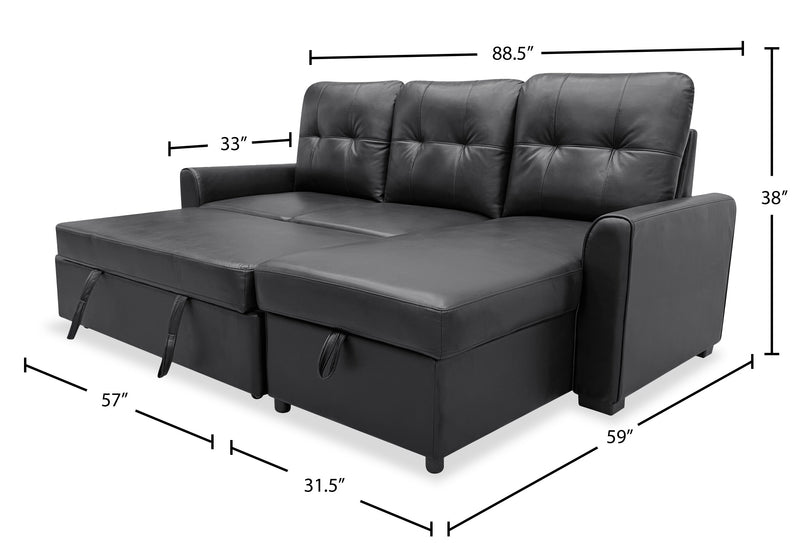 Carter 2-Piece Right-Facing Leather-Look Fabric Sleeper Sectional with Storage Chaise - Black
