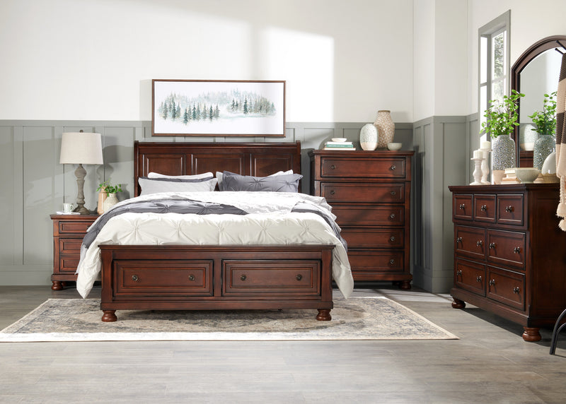 Chelsea 5pc Bedroom Set with Storage Bed, Dresser & Mirror, Cherry Brown - Queen Size