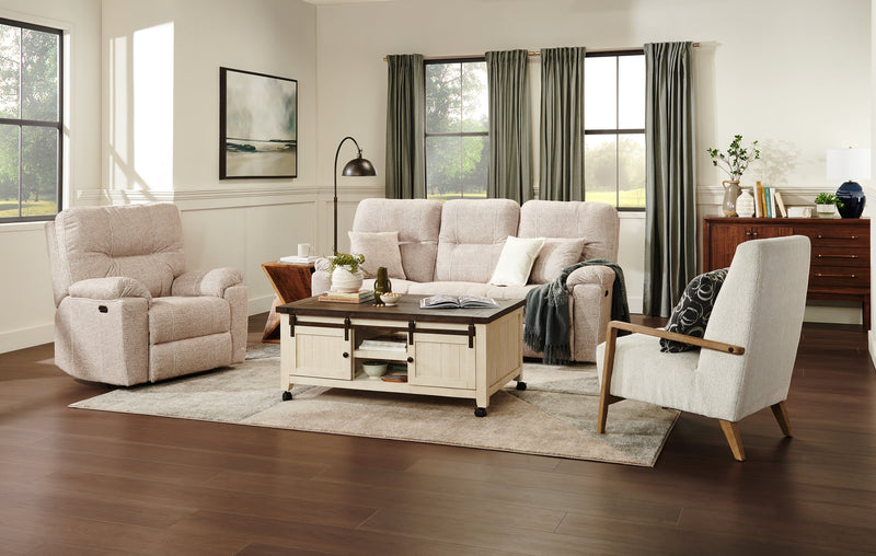 Made in Canada Dawson 87\" Fabric Power Reclining Sofa with USB Port and Accent Pillows - Beige