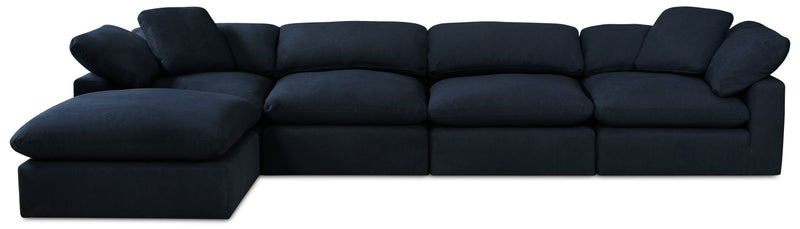 Eclipse Modular 5-Piece Linen-Look Fabric Sectional with Ottoman and Reversible Feather Down Cushions - Navy Blue