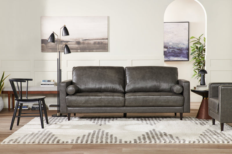 Edge 86\" Genuine Leather Sofa with Wood Legs and Removable Back Cushions - Grey