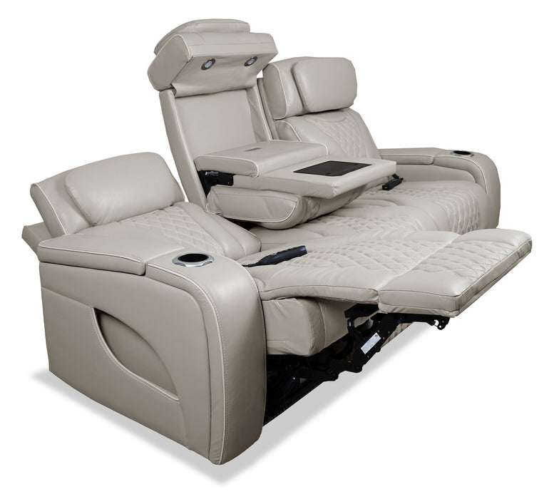 Elite 86\" Genuine Leather Massage Power Reclining Sofa with Immersive Audio and Power Headrests - Putty