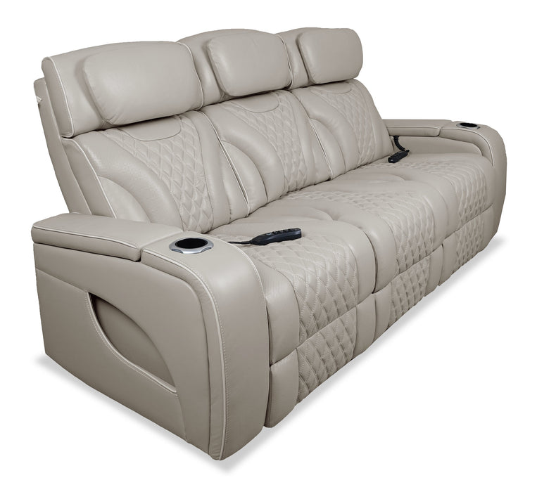 Elite 86\" Genuine Leather Massage Power Reclining Sofa with Immersive Audio and Power Headrests - Putty
