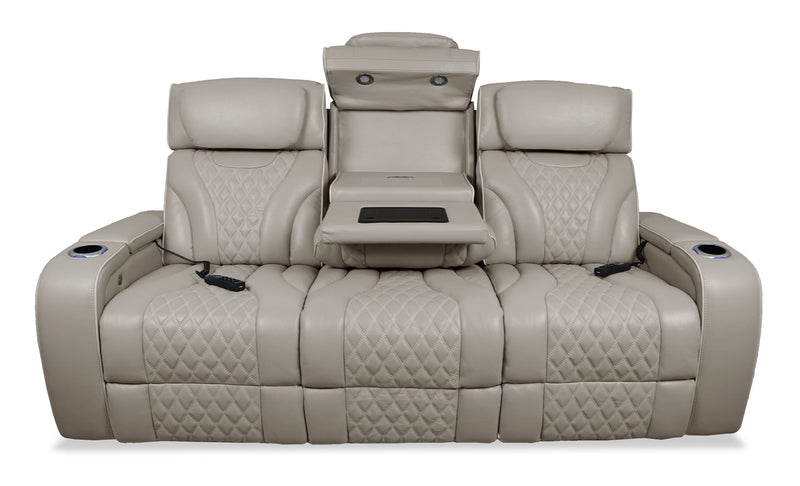 Elite 86\" Genuine Leather Massage Power Reclining Sofa with Immersive Audio and Power Headrests - Putty
