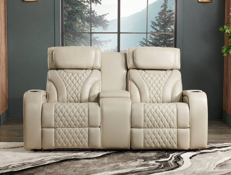 Elite 74\" Genuine Leather Massage Power Reclining Loveseat with Power Headrests and Storage Arms - Putty