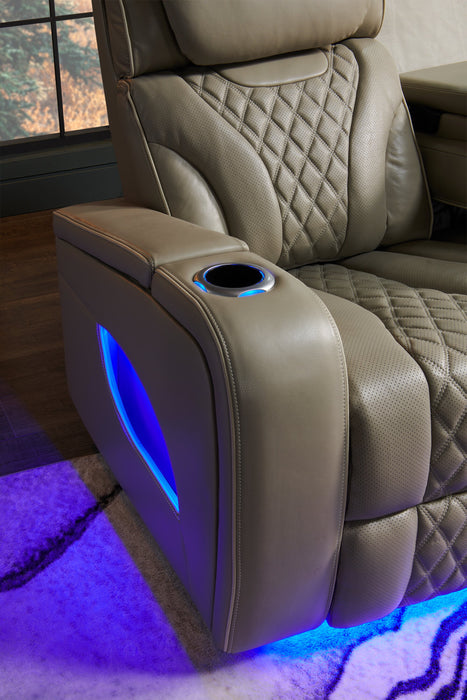 Elite 74\" Genuine Leather Massage Power Reclining Loveseat with Power Headrests and Storage Arms - Putty