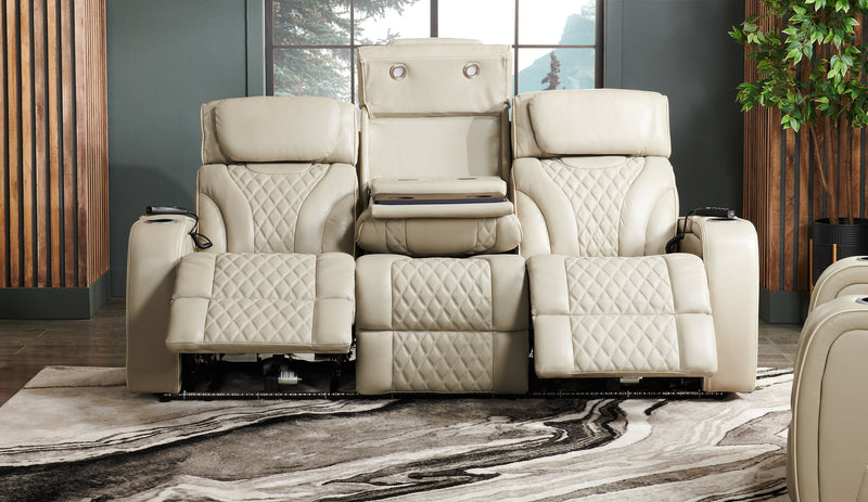 Elite 86\" Genuine Leather Massage Power Reclining Sofa with Power Headrests and Storage Arms - Putty